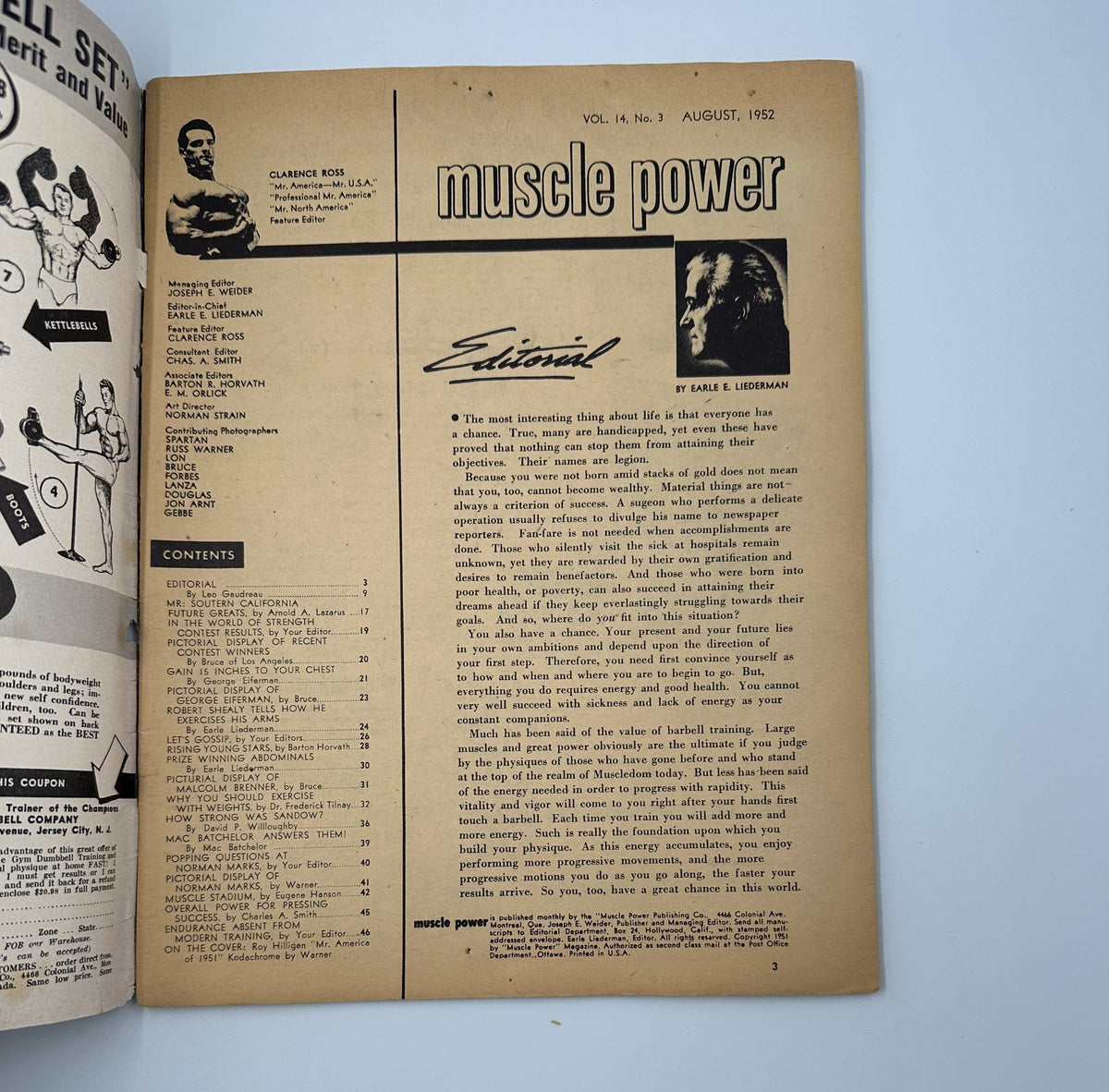 Editorial page from Muscle Power Magazine August 1952, highlighting the magazine's commitment to bodybuilding and fitness, with an article by Earle Lieder.