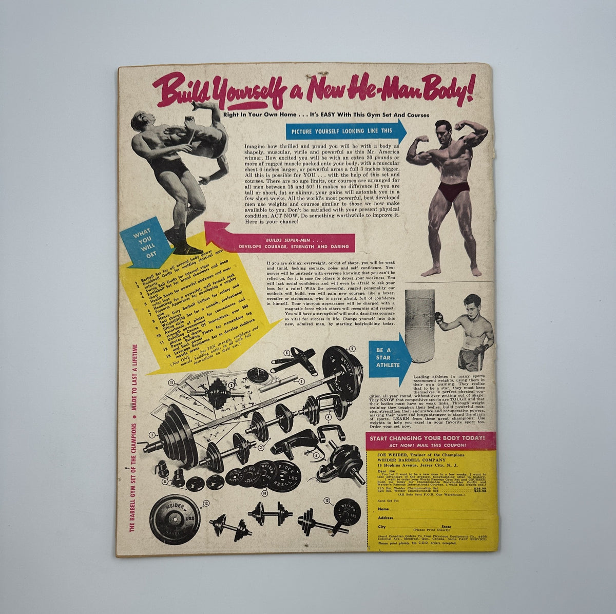 Back cover of Muscle Power Magazine August 1952 with a promotional message on building a new physique, featuring illustrations of exercises and bodybuilding tips.