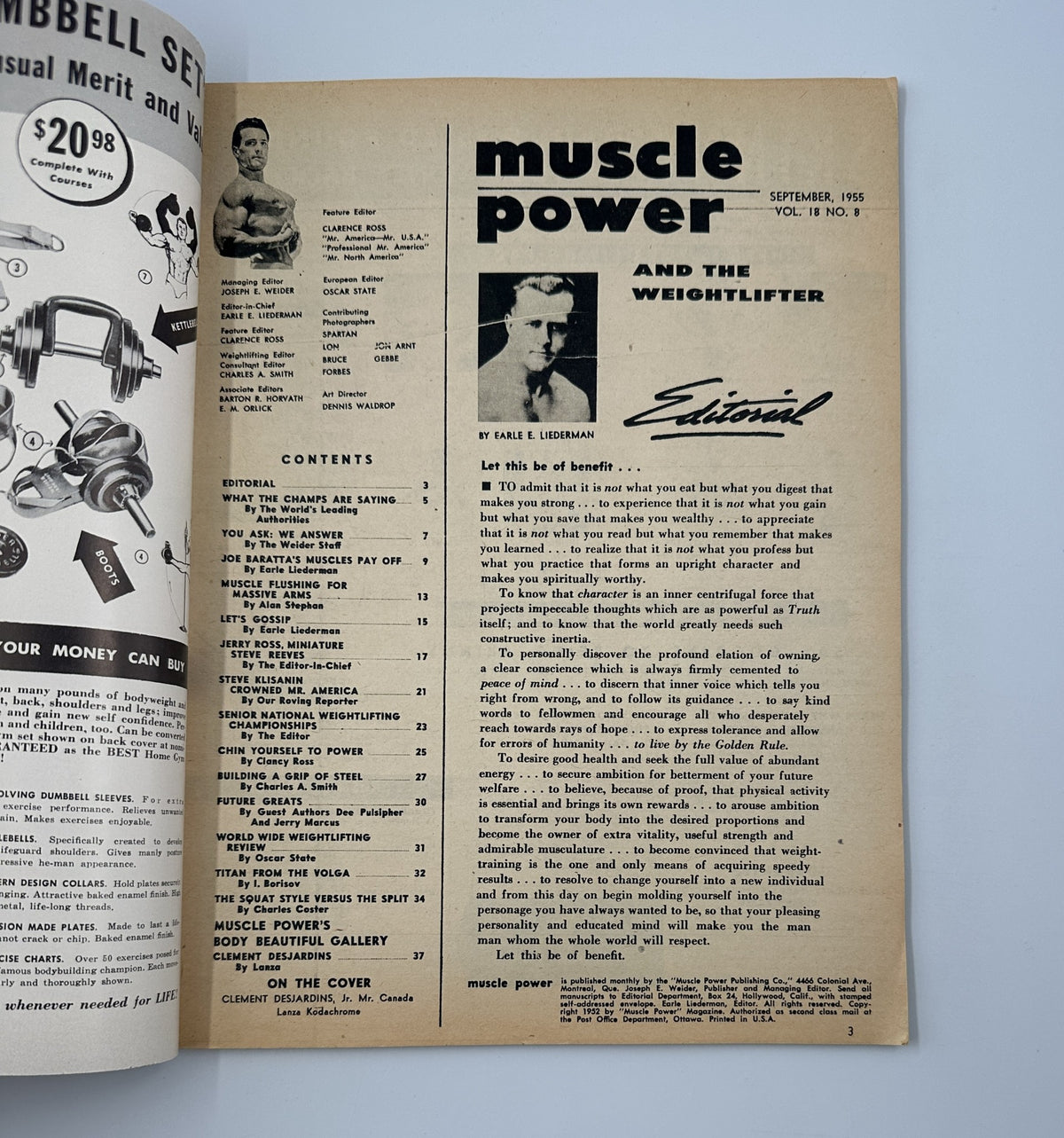 Inside page of Muscle Power Magazine, September 1955 displaying the editorial section and table of contents, emphasizing bodybuilding and fitness articles.