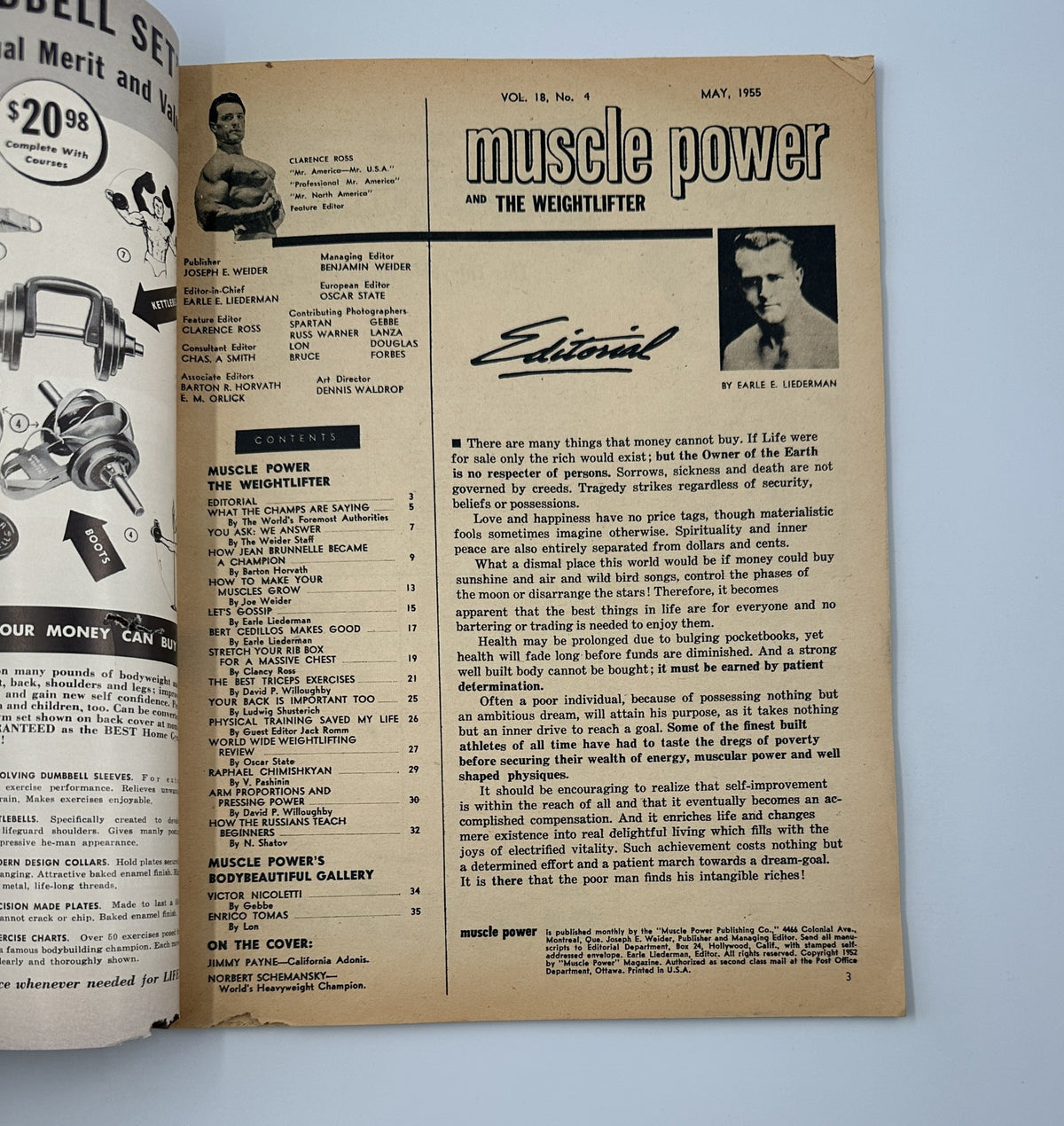 Inside page of Muscle Power Magazine May 1955, showcasing the editorial section with details about bodybuilding and weightlifting.