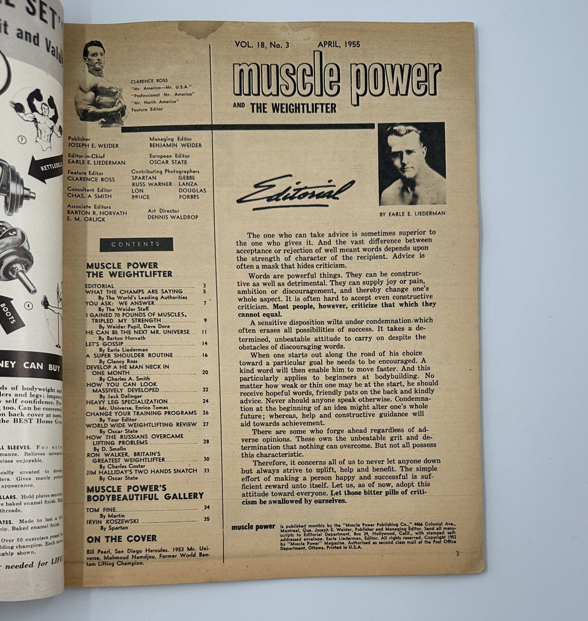 Editorial page from Muscle Power Magazine April 1955 featuring the introduction by Earle L. Liederman, discussing weightlifting and fitness theories of the time.
