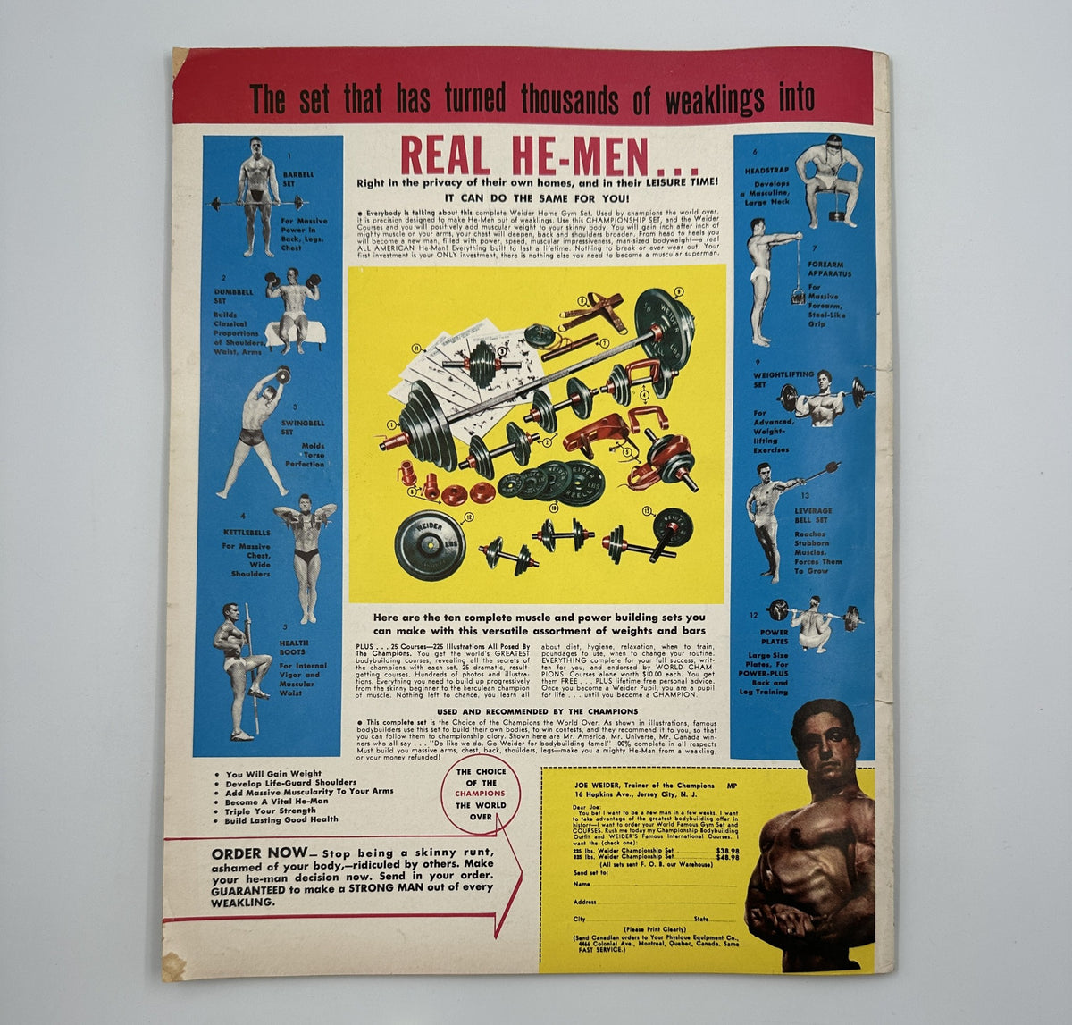 Back cover of Muscle Power Magazine April 1955 displaying an advertisement for a bodybuilding set, aimed at those wanting to transform their physique.