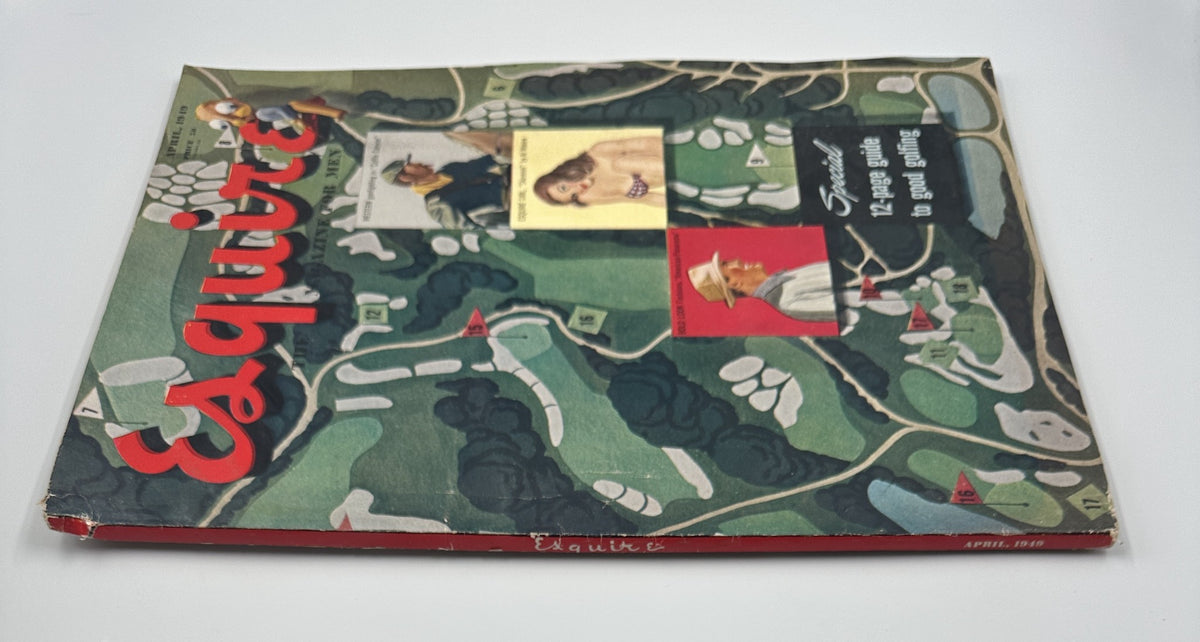 Alternative view of Esquire Magazine April 1949, showcasing the vibrant cover art with golfing themes and pinup illustrations. Title: Esquire Magazine April 1949 Golfing Al Moore Foldout Irish Stag Hunt w Pinup.