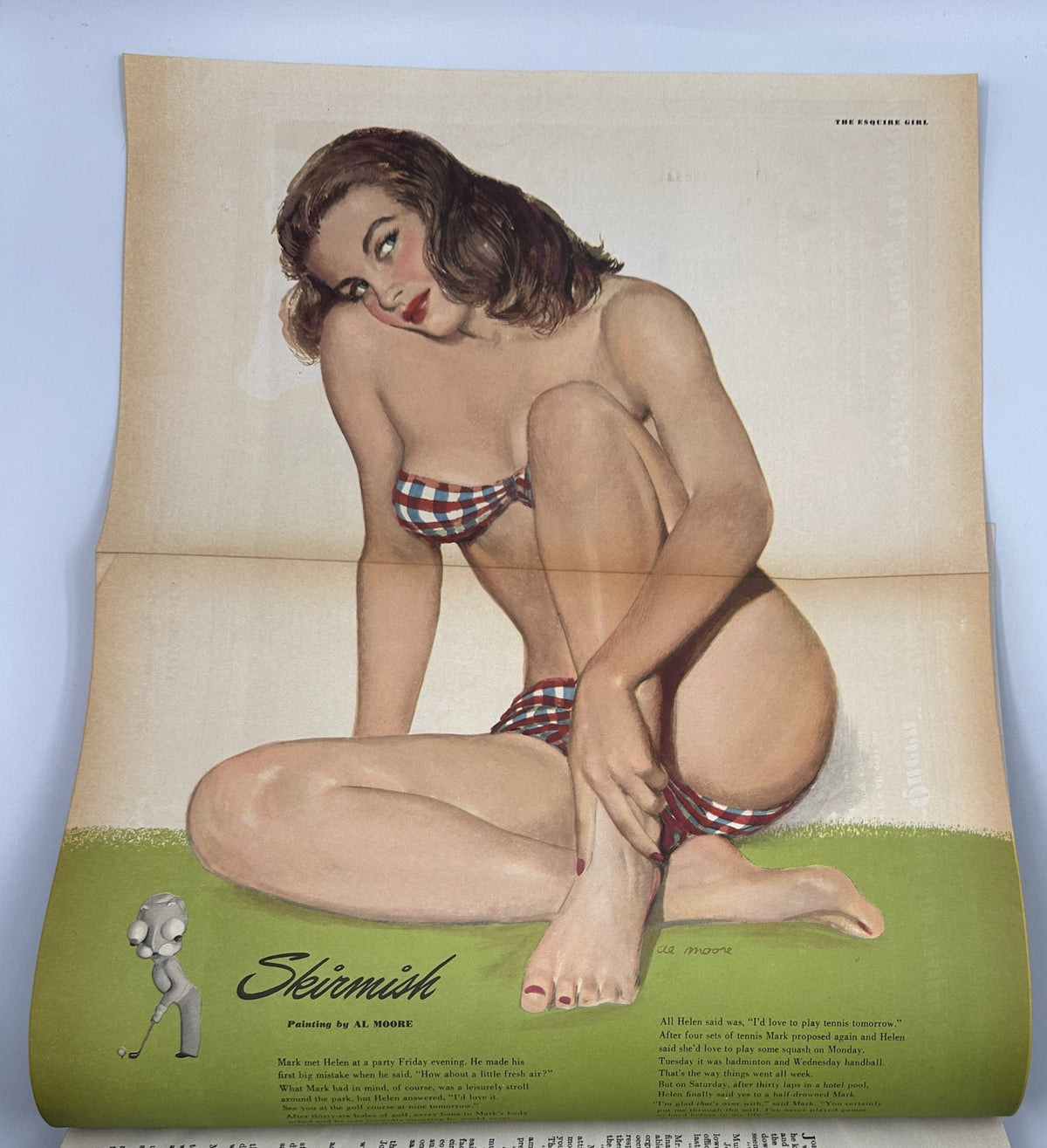 Esquire Magazine April 1949 foldout featuring a pinup illustration titled 'Skirmish' by Al Moore, showcasing a woman in a vintage bikini.