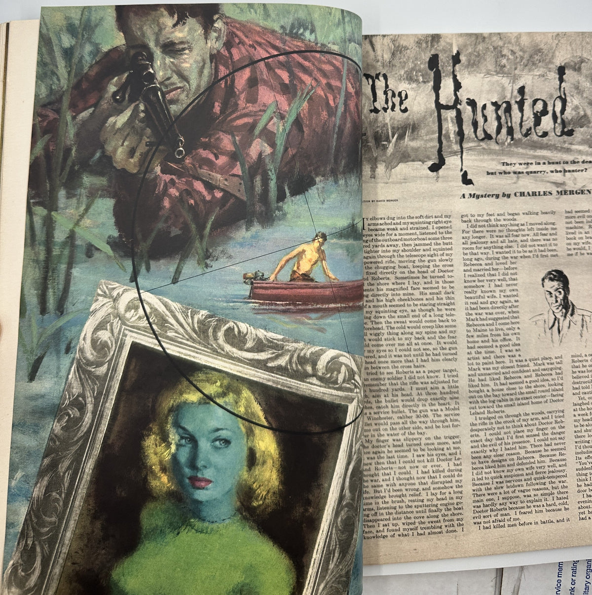Esquire Magazine April 1949 page showcasing an illustration for the mystery story 'The Hunted' by Charles Mergendahl, featuring dramatic artwork.