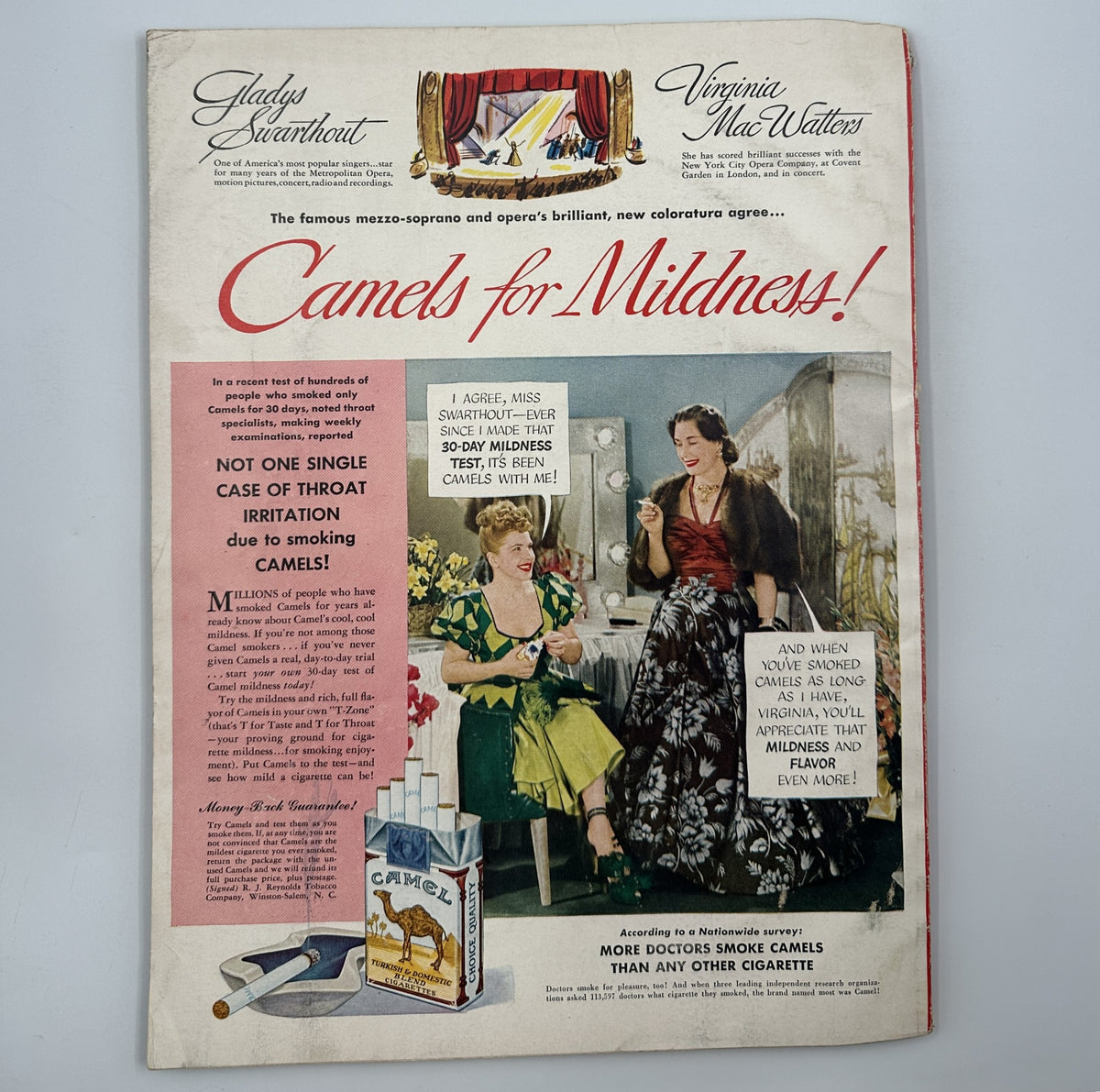 Esquire Magazine April 1949 advertisement featuring a group of women promoting Camels cigarettes, illustrating early 20th-century advertising styles.