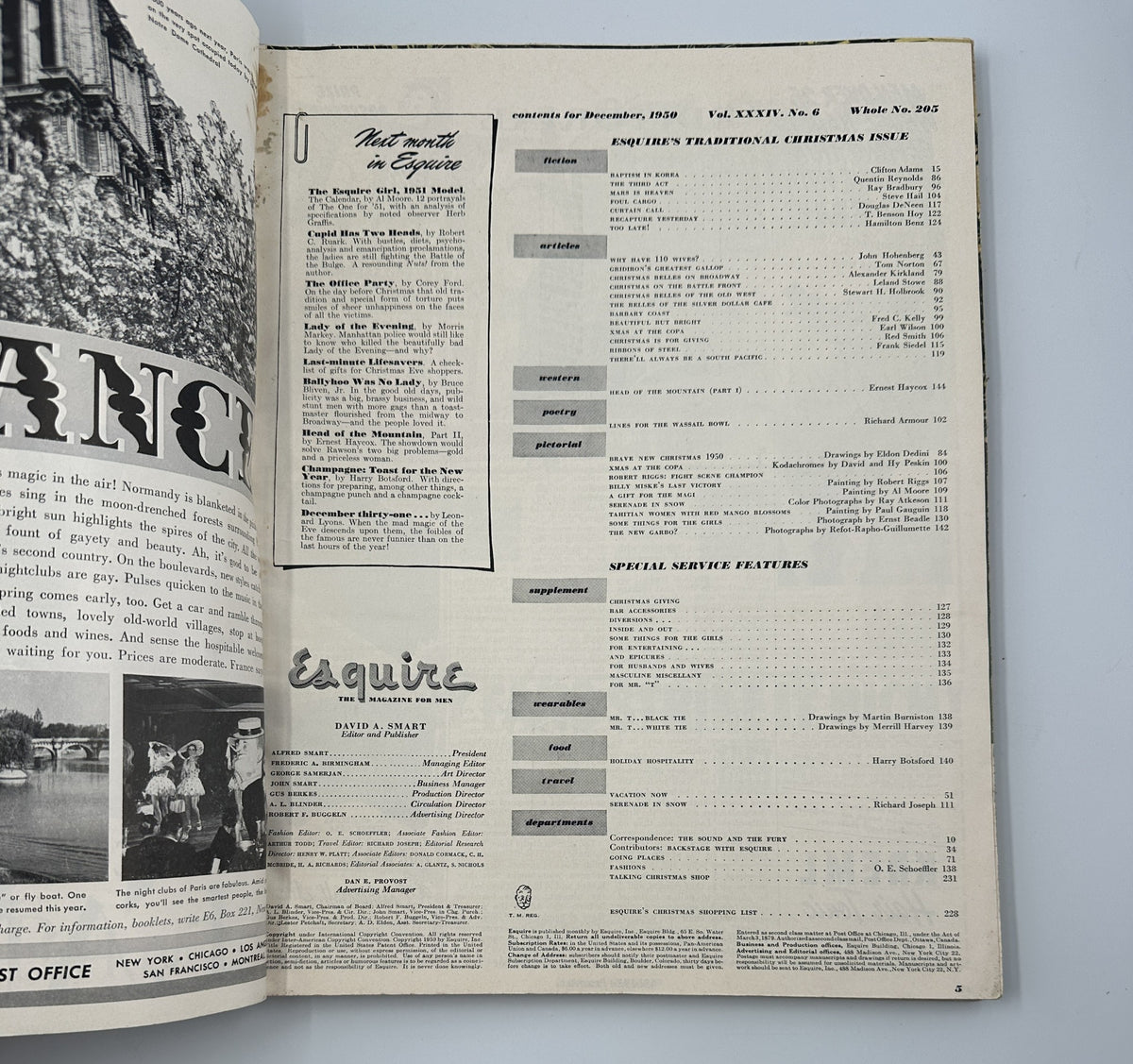 Inside page of Esquire Magazine December 1950, featuring the Table of Contents for the Christmas issue, showcasing fiction and articles including contributions from notable authors.