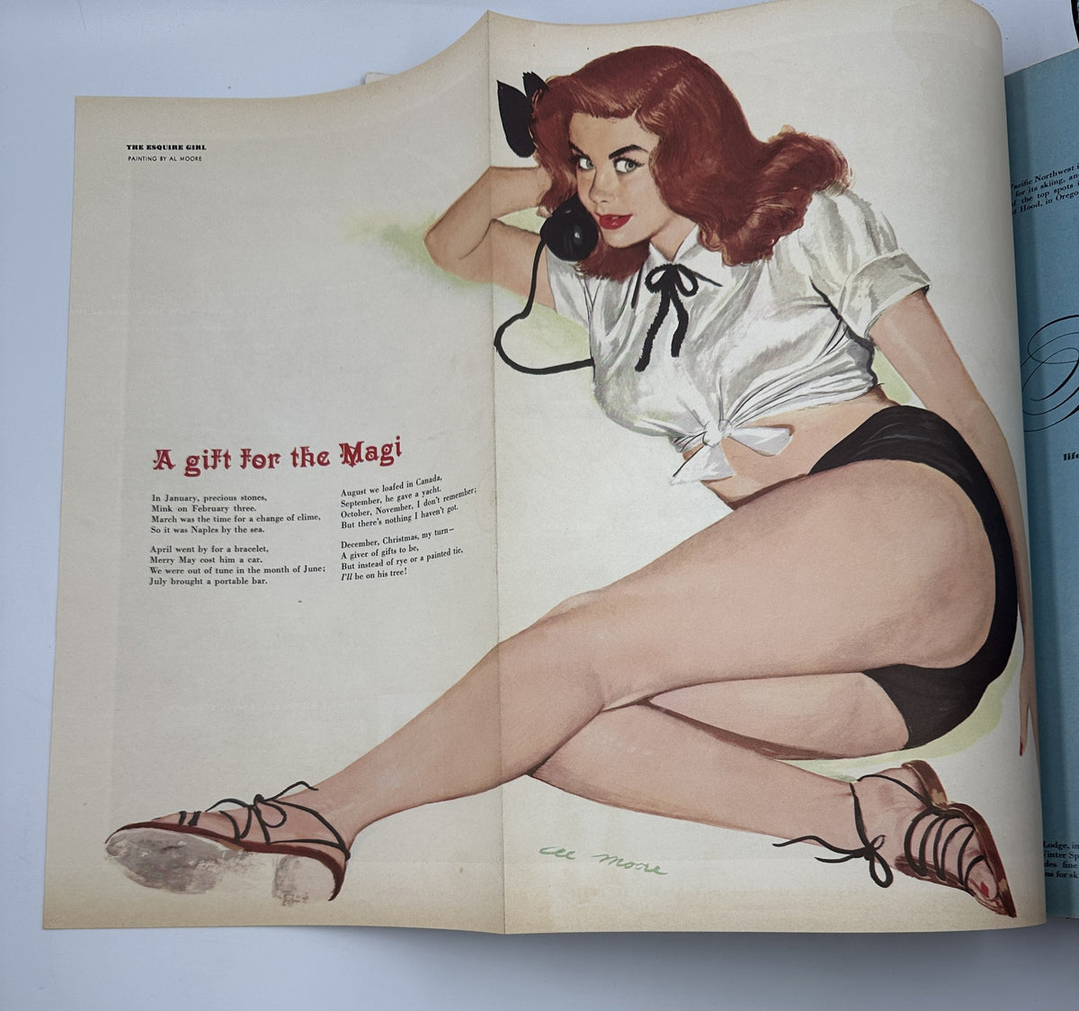 Illustration in Esquire Magazine December 1950, titled 'A Gift for the Magi,' featuring a pinup model in a playful pose with a phone, highlighting festive holiday themes.
