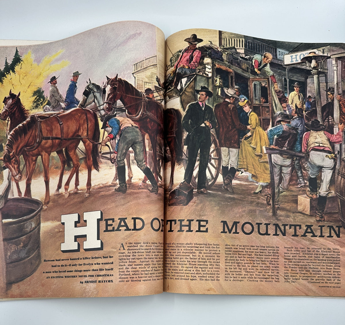 Illustration in Esquire Magazine December 1950, titled 'Head of the Mountain,' depicting a bustling scene with horses and people, embodying the Western theme prevalent in the issue.