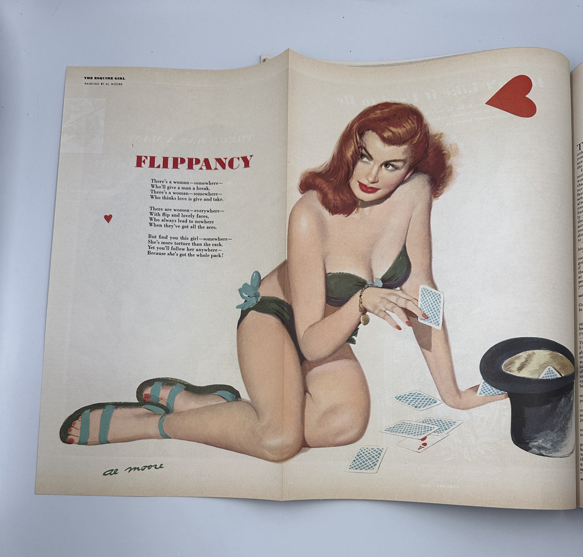 Illustration from Esquire Magazine July 1950 featuring a red-haired pinup girl playing cards, titled 'Flippancy', showcasing vintage pinup art.