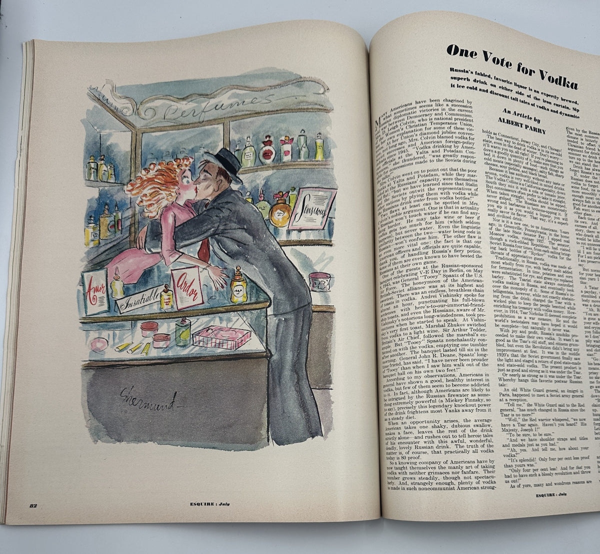 Illustration from Esquire Magazine July 1950 depicting a romantic scene in a perfume shop, connected to an article titled 'One Vote for Vodka'.