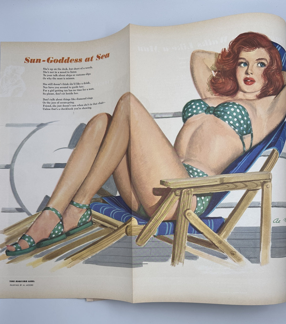 Esquire Magazine August 1950 featuring a pinup illustration of a woman in a polka dot bikini, lounging on a chair, representing the Sun-Goddess at Sea theme.