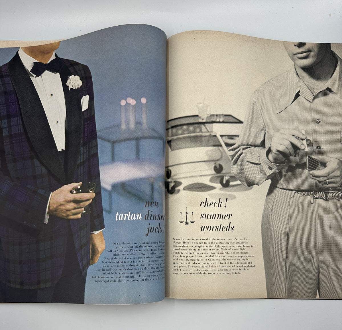 Esquire Magazine August 1950 showcasing a stylish man in a new tartan dinner jacket, highlighting summer worsteds, illustrating classic men's fashion.