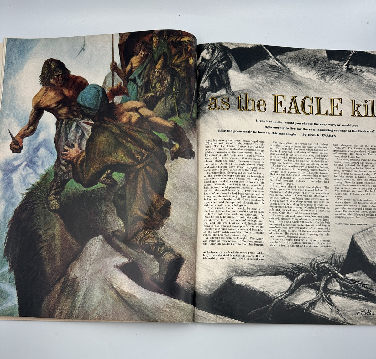 Esquire Magazine August 1950 depicting a dramatic scene titled 'As the Eagle Kills', showcasing an intense moment in storytelling through art.