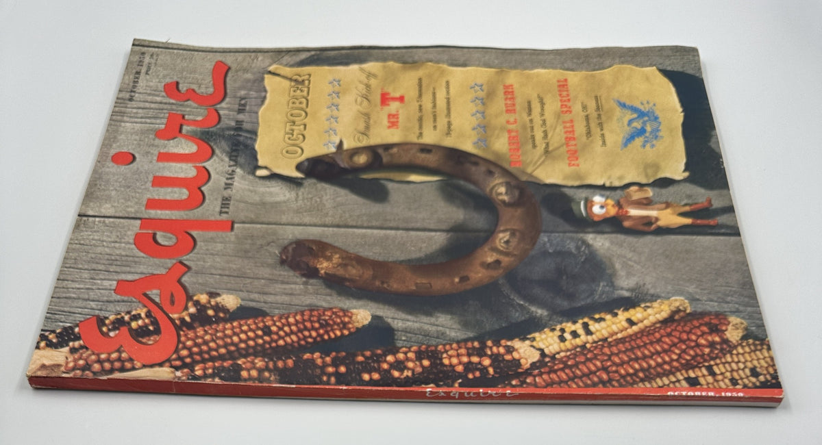 Cover of Esquire Magazine from October 1950 featuring a vintage design with a horseshoe and a playful illustration, titled 'Esquire Magazine October 1950 Robert C. Ruark Football Special Sooners w Pinup'.