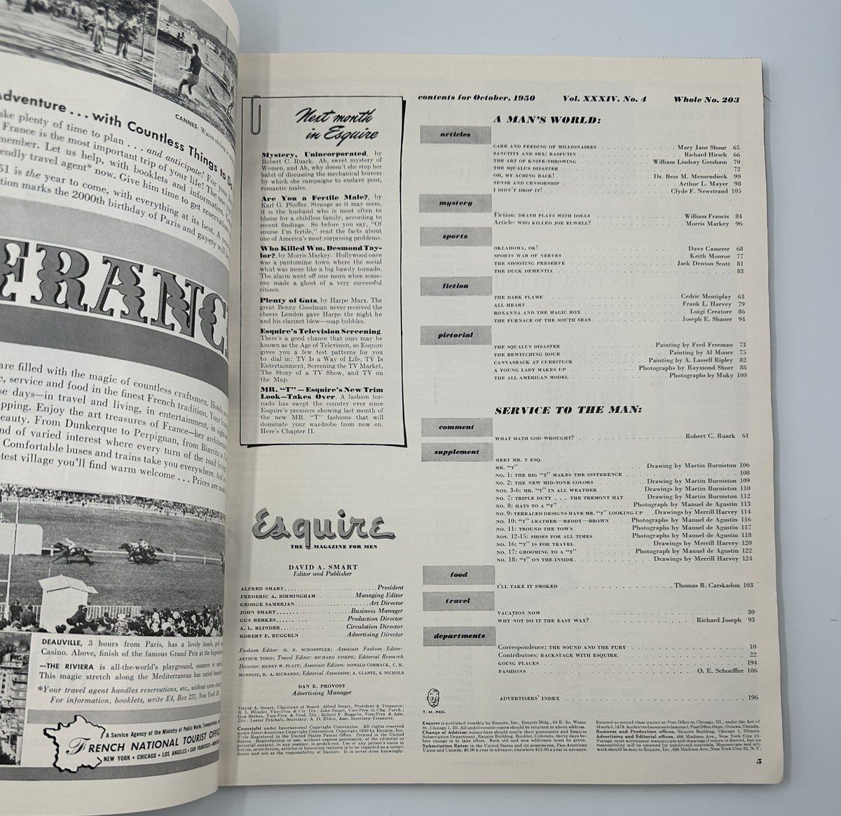 Table of contents from Esquire Magazine October 1950 showing various articles and features, including additional sections under 'A MAN’S WORLD,' 'SERVICE TO THE MAN,' and 'DEPARTMENTS,' from the issue titled 'Esquire Magazine October 1950 Robert C. Ruark Football Special Sooners w Pinup'.