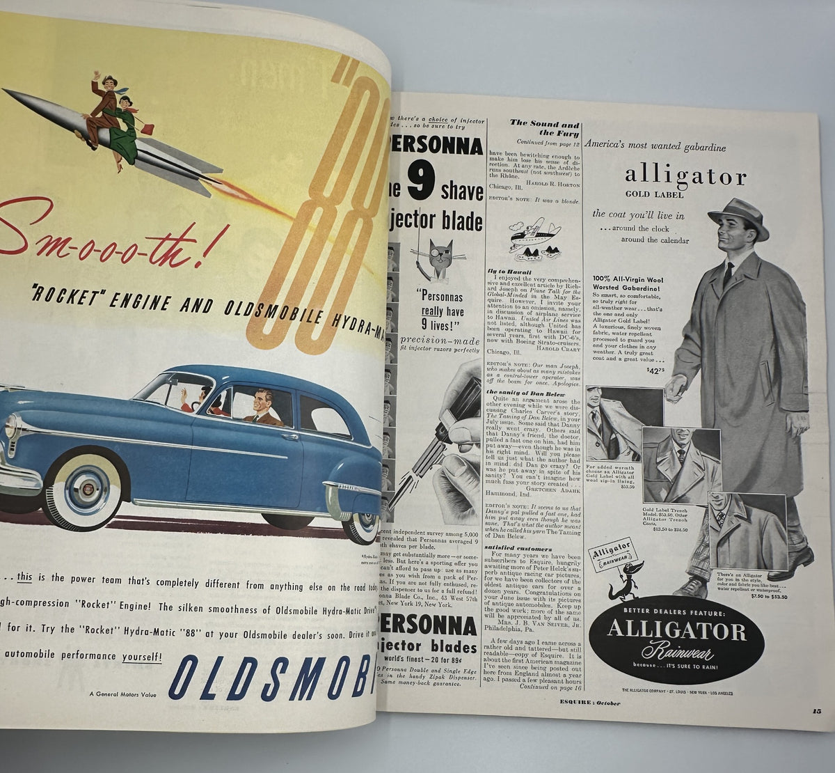 Vintage advertisement page from Esquire Magazine October 1950 featuring a classic Oldsmobile car alongside a unique product promotion. This page is part of the issue titled 'Esquire Magazine October 1950 Robert C. Ruark Football Special Sooners w Pinup'.