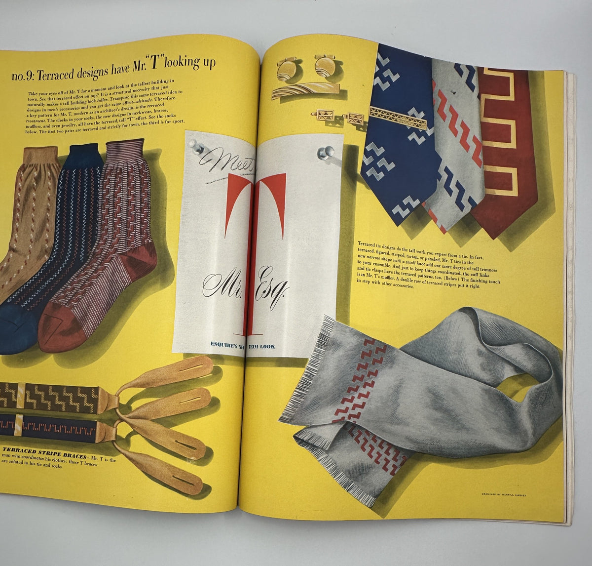 Illustration showcasing stylish accessories, including ties and scarves, alongside the caption 'Terraced designs have Mr. T looking up' from Esquire Magazine October 1950, part of the feature 'Esquire Magazine October 1950 Robert C. Ruark Football Special Sooners w Pinup'.