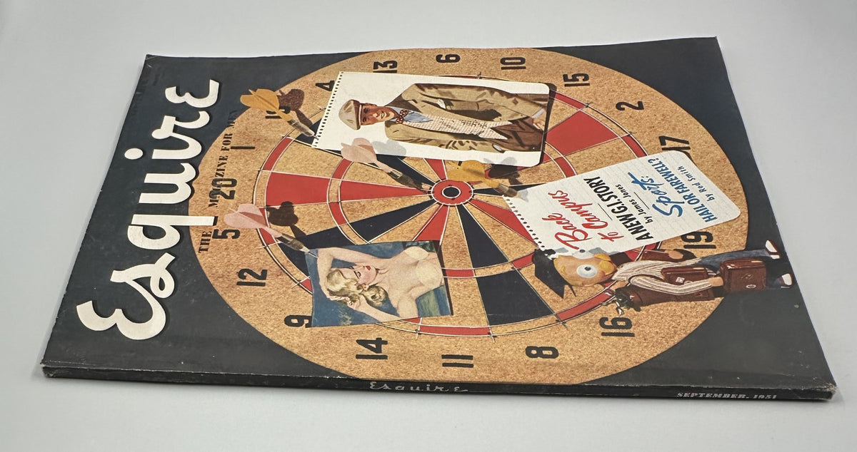 Back cover view of Esquire Magazine September 1951 displaying a dartboard design and images of models, including pinup content, emphasizing retro fashion.
