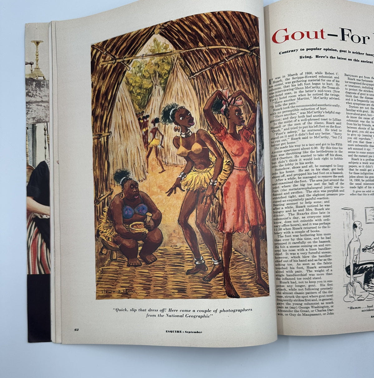 Illustration from Esquire Magazine September 1951 featuring a vibrant depiction of three women engaging in a humorous tribal scene, alongside a man. The image complements the magazine's content about culture and society.
