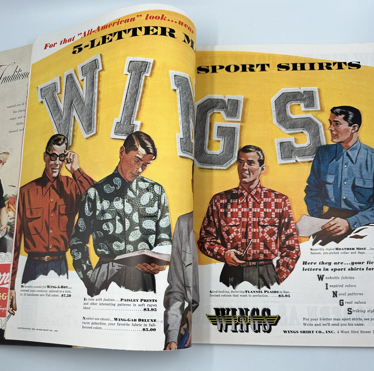 An advertisement illustration from Esquire Magazine September 1951 promoting WINGS sport shirts, showcasing models in colorful patterned shirts. This image ties into the magazine's fashion and lifestyle content.
