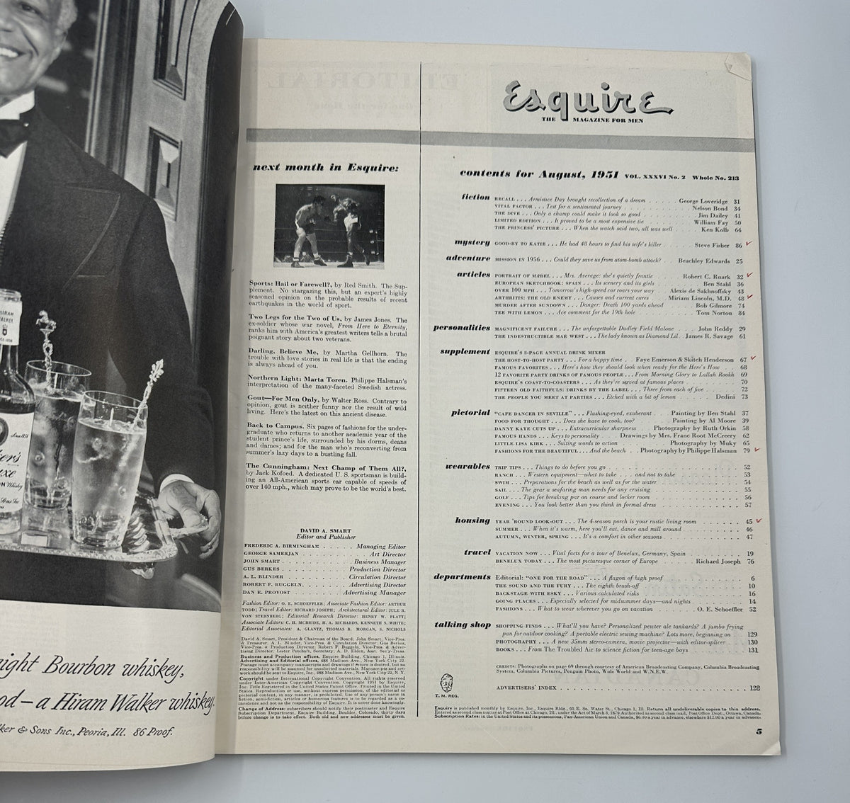 Interior page of the August 1951 Esquire Magazine showing the table of contents, outlining featured articles and stories including drink mixers, enhancing reader engagement and navigation.