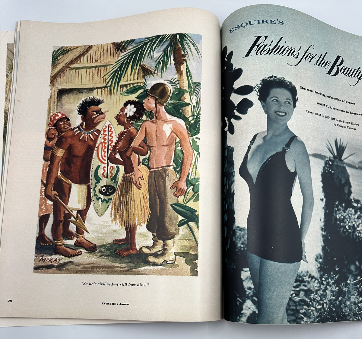 Esquire Magazine August 1951 page featuring an artistic depiction of indigenous characters interacting in a tropical setting, complemented by vintage swimwear imagery.