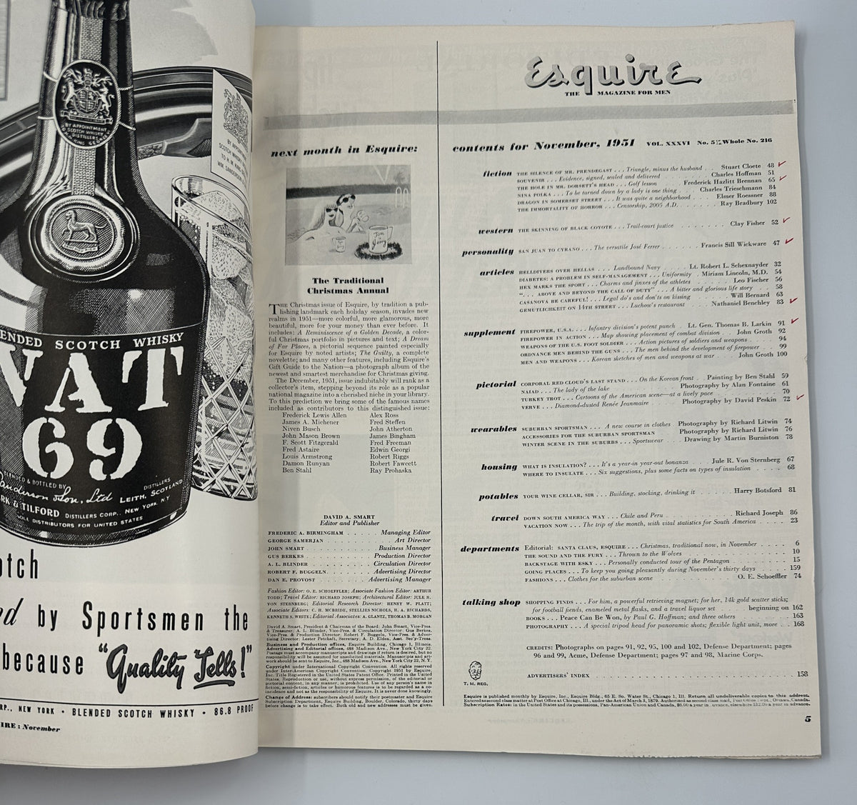 Inside page of Esquire Magazine November 1951 showcasing an advertisement for VAT 69 Scotch Whisky and contents listing for the issue.