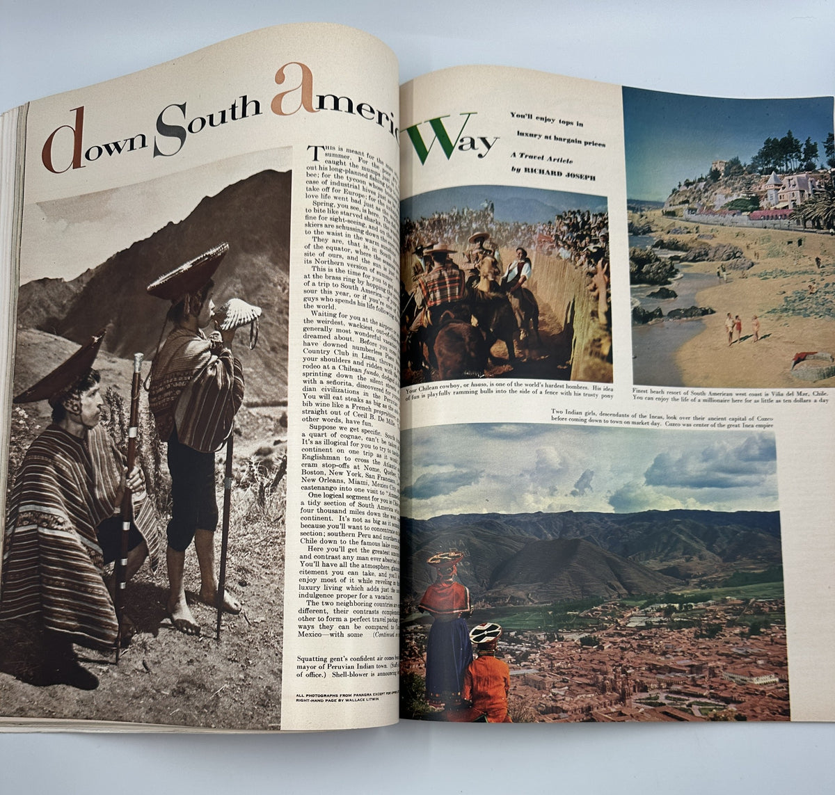 Page from Esquire Magazine November 1951 depicting a feature on travel titled 'Down South America Way' with scenic images and descriptions.