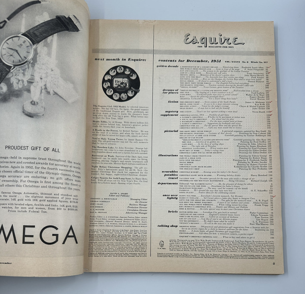 Interior of Esquire Magazine December 1951 displaying a watch advertisement with detailed contact information and content overview for the issue.