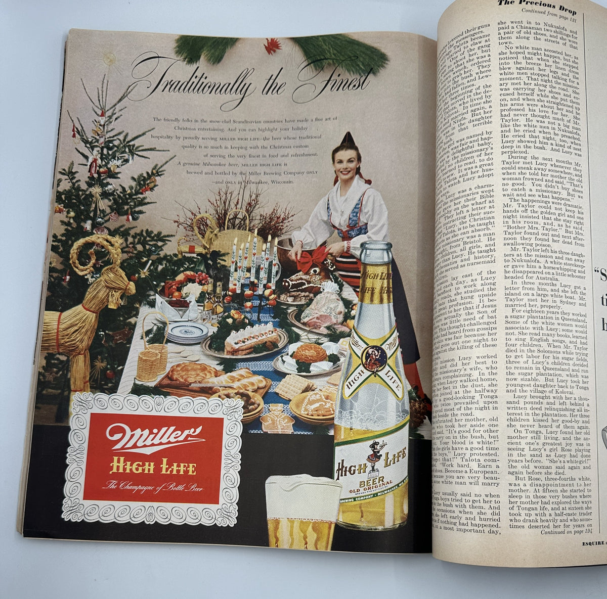 Another interior page of Esquire Magazine December 1951 featuring a vintage holiday dinner setting advertisement for Miller High Life beer, showcasing traditional Christmas elements.