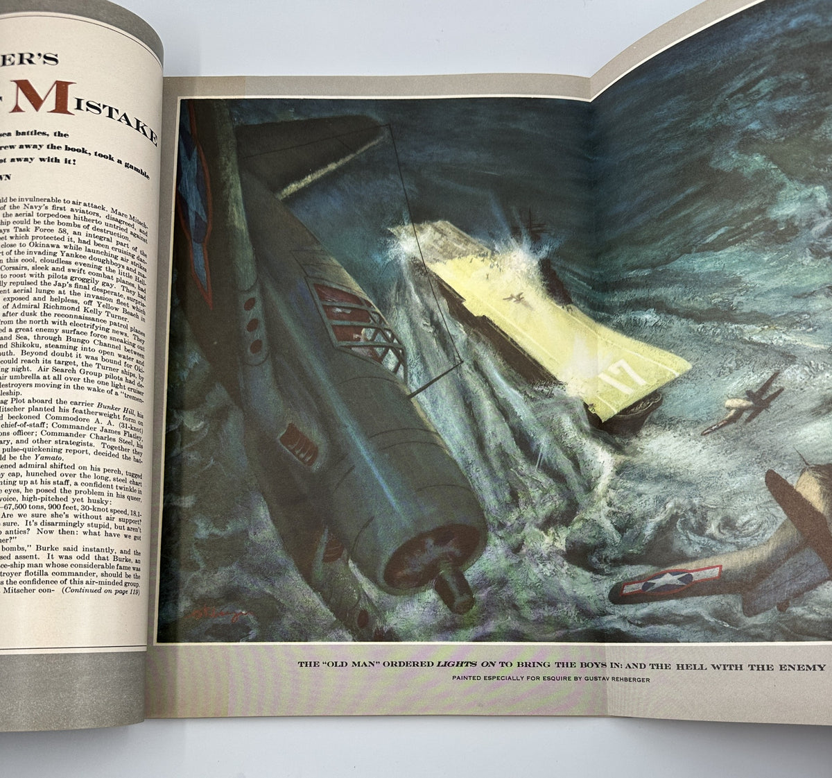 Esquire Magazine July 1951 article featuring a painting of a military aircraft and a naval carrier, titled 'Mitscher’s Magnificent Mistake', depicting a dramatic scene from World War II.