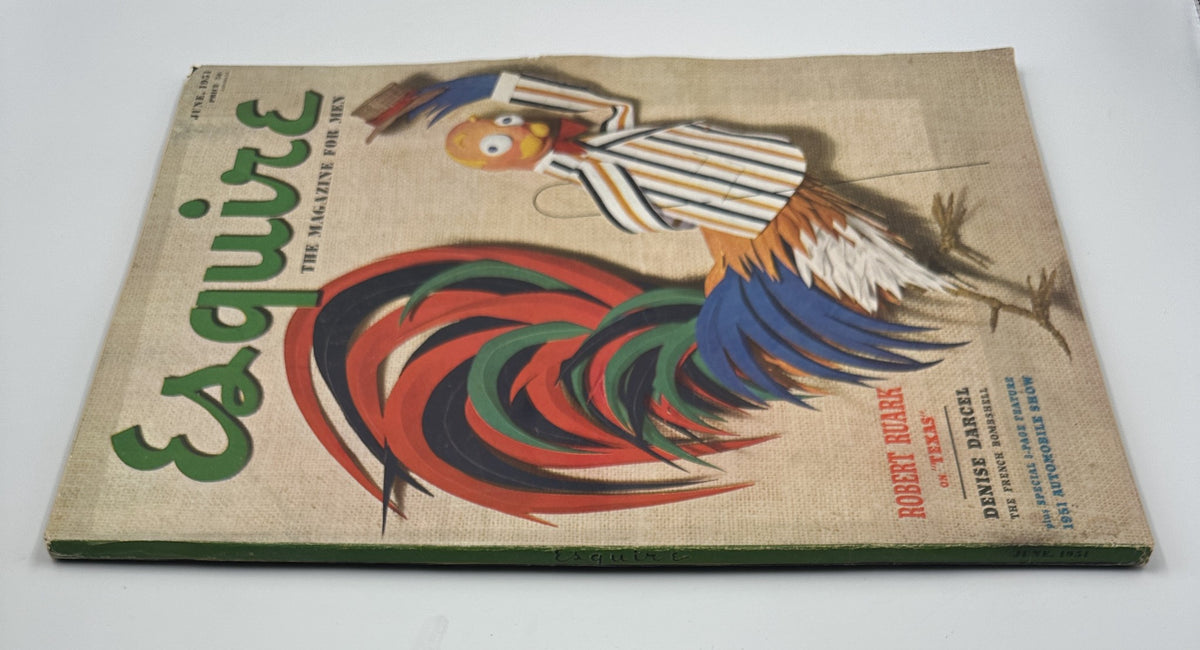 Back cover of Esquire Magazine June 1951 displaying a similar colorful rooster illustration along with the title 'Esquire: The Magazine for Men', featuring 'Denise Darcel Texas Automobile Show Fiction w Pinup'.
