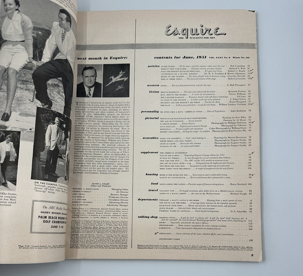 Inside page of Esquire Magazine June 1951 showcasing the contents for the month, including articles by Robert Ruark and features related to 'Denise Darcel Texas Automobile Show Fiction w Pinup'.