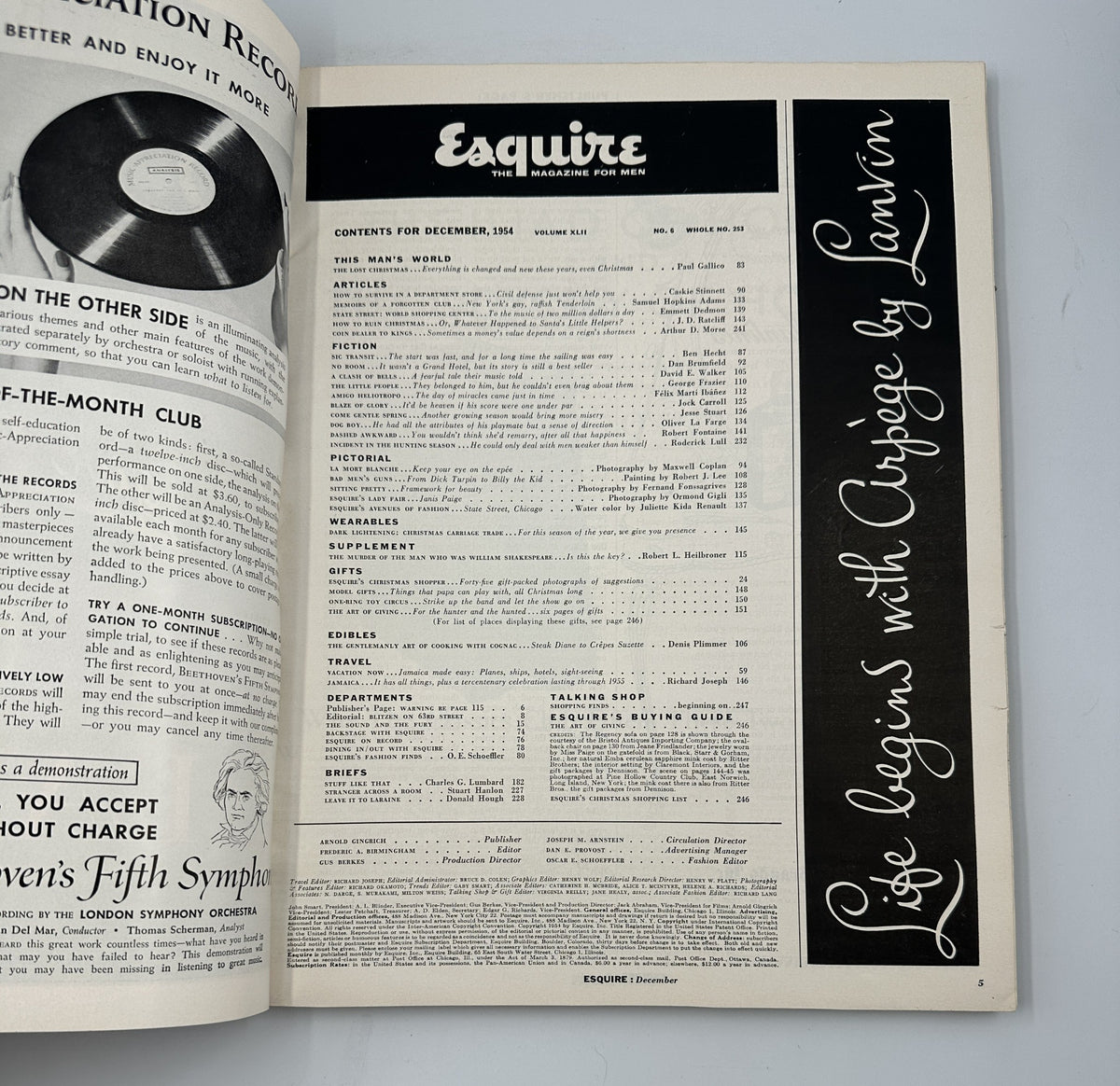 Inside page of December 1954 Esquire Magazine displaying the table of contents, featuring articles and features, highlighting mid-century magazine design.