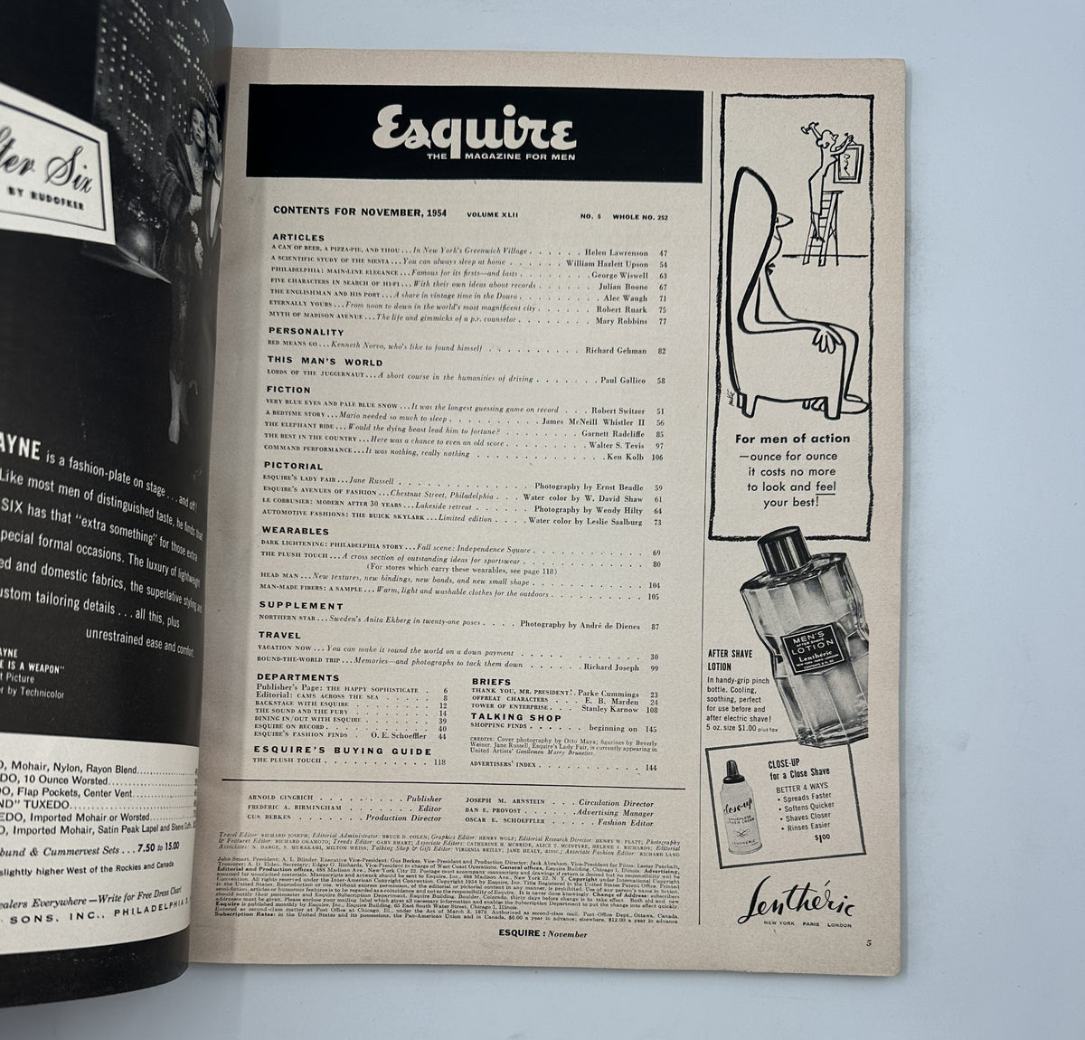 Inside Esquire Magazine November 1954 showcasing the table of contents with a minimalist design, highlighting articles and features including Kenneth Norvo.