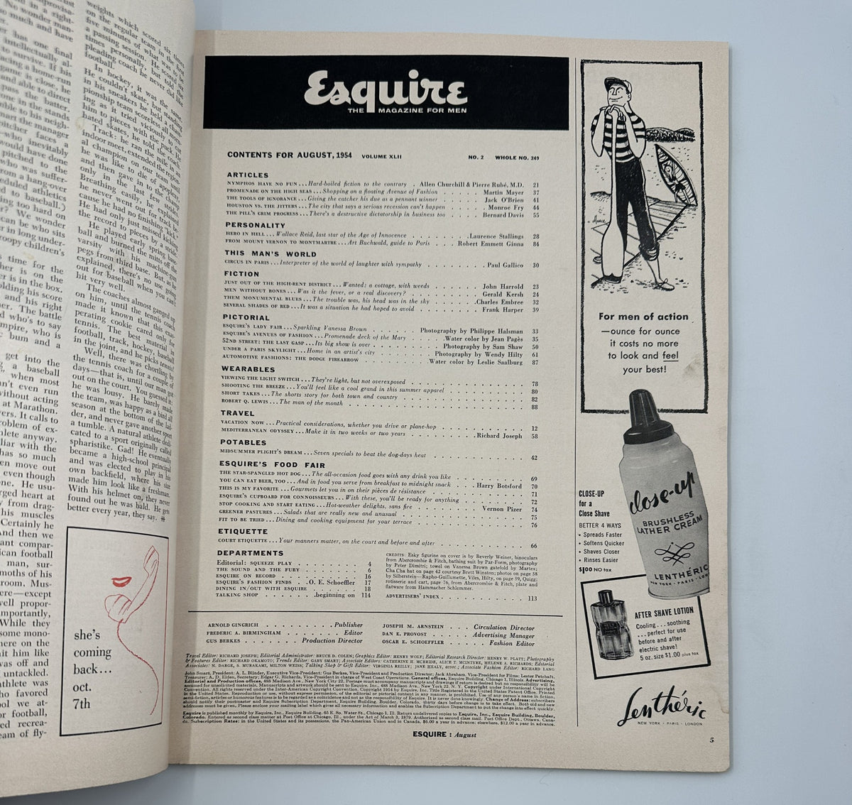 Content page of Esquire Magazine August 1954, outlining featured articles and sections including 'Esquire's Food Fair'.