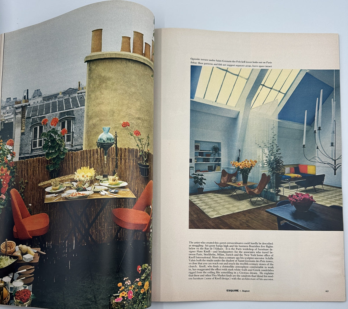 Interior pages from Esquire Magazine August 1954 featuring a stylish dining area decorated with flowers and furnishings.