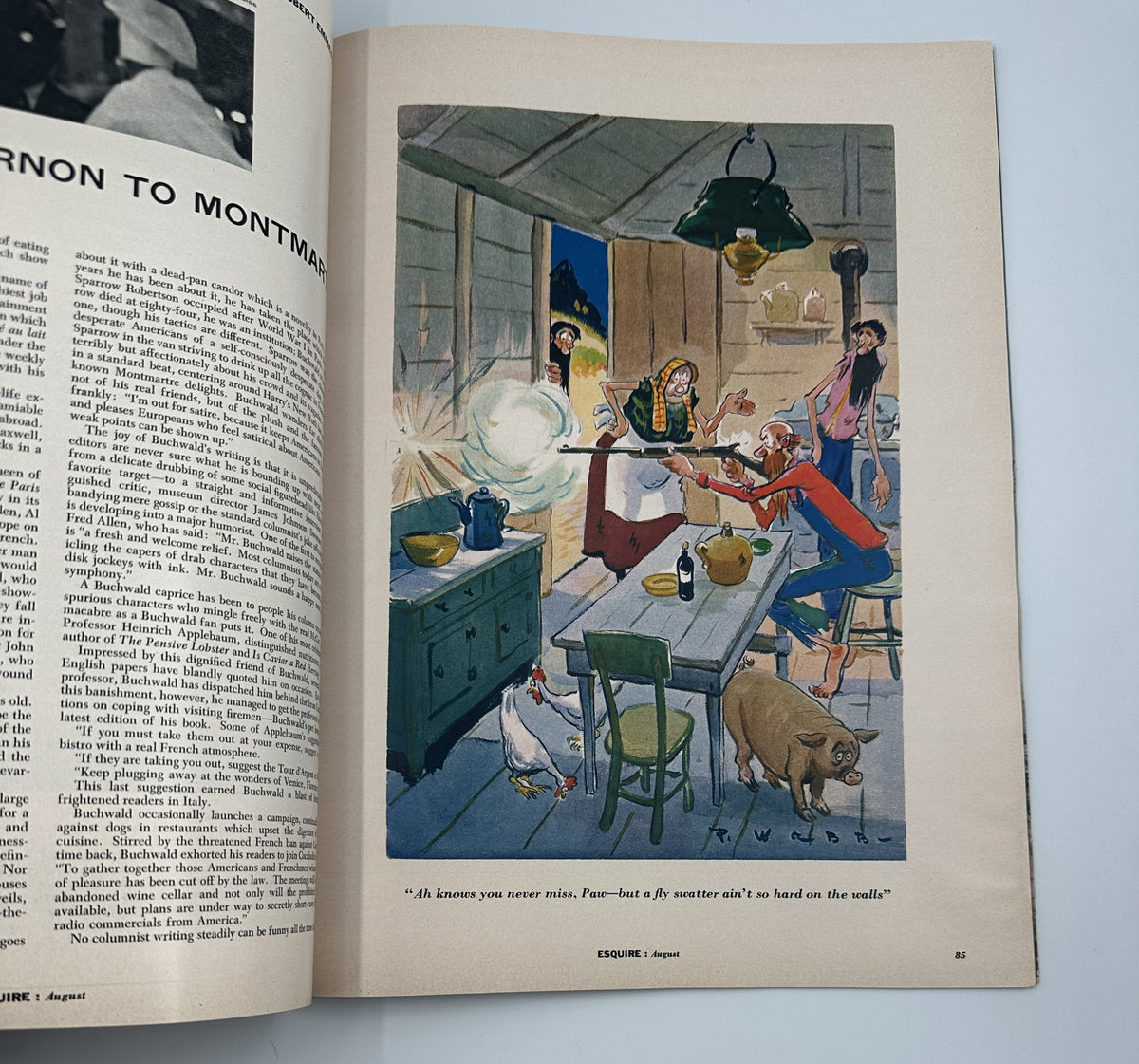 Illustration from Esquire Magazine August 1954 depicting a comedic scene in a rustic kitchen with characters interacting.