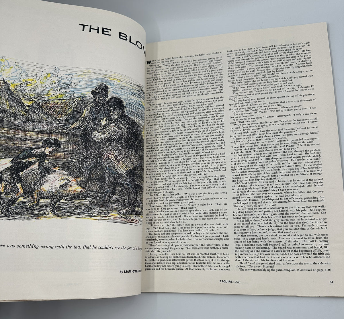 Illustrated page from Esquire Magazine July 1954, featuring the story 'The Blow' by Liam O'Flaherty with detailed text and illustrations, showcasing mid-20th century magazine art.