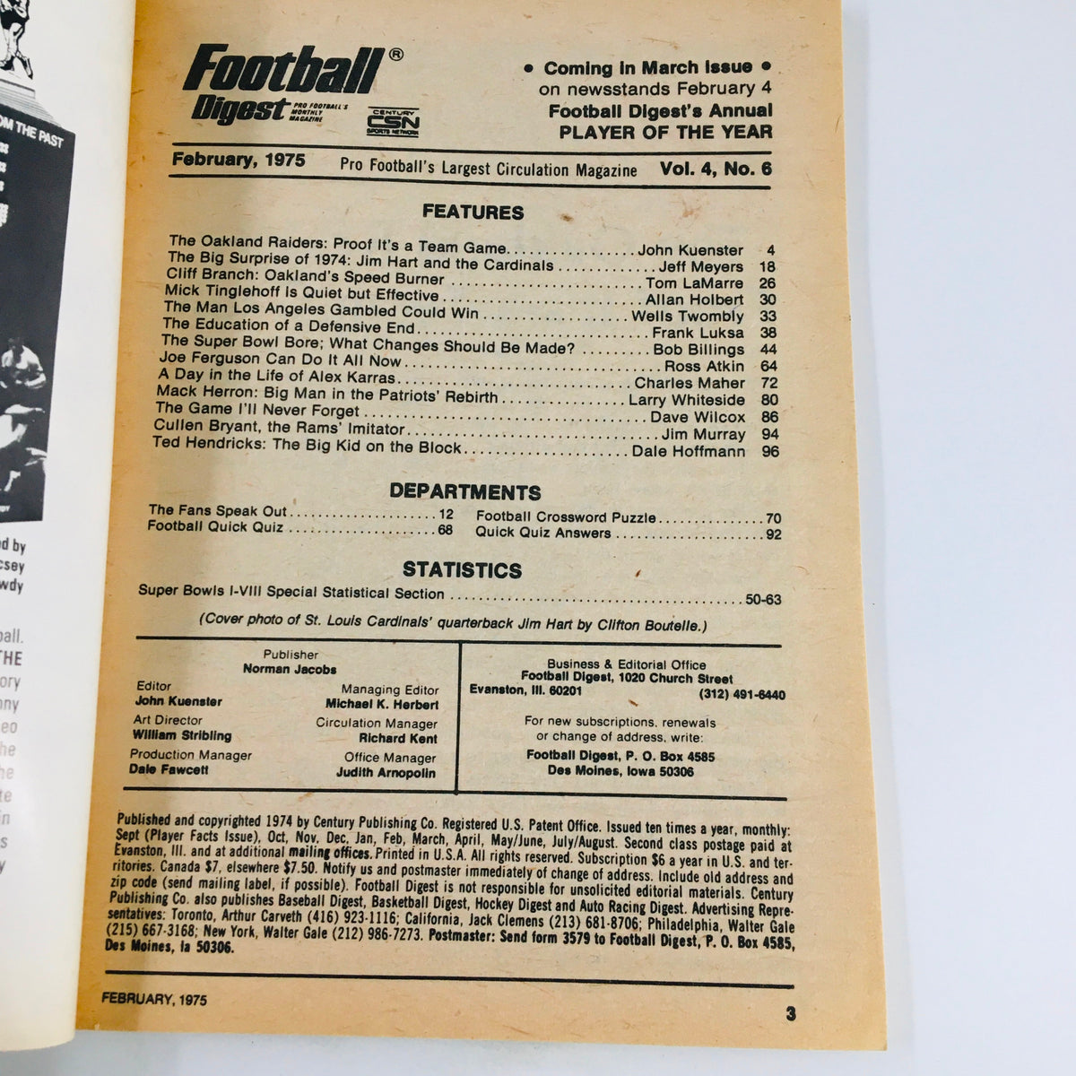 Interior page of the Vintage Football Digest Magazine February 1975, highlighting articles and sections including feature stories, statistics, and a list of contributors related to Jim Hart and the St. Louis Cardinals.