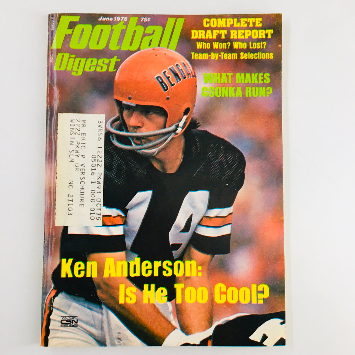 Front cover of the June 1975 Football Digest magazine featuring Ken Anderson with the headline 'Is He Too Cool?' highlighting sports culture and vintage memorabilia.
