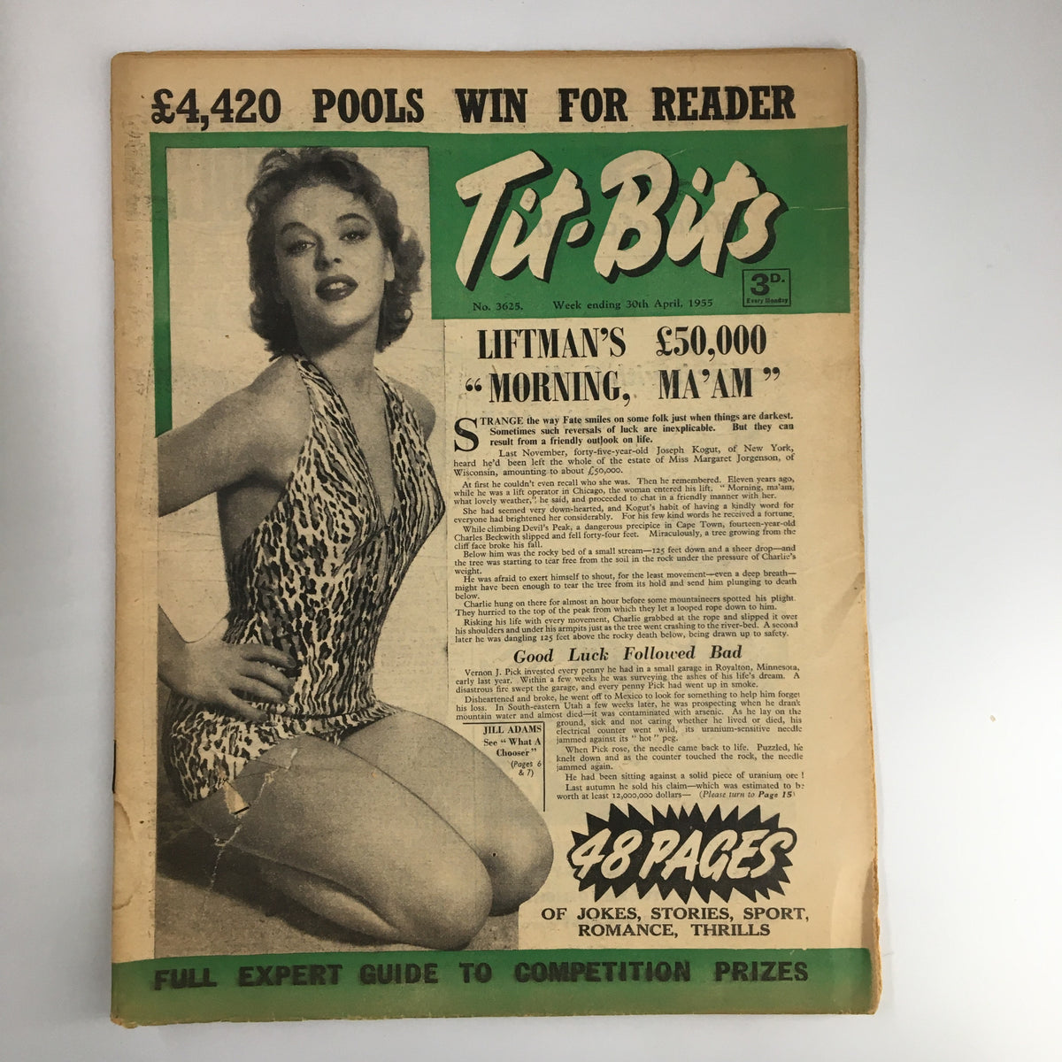 Cover of the VTG Tit-Bits Magazine April 1955 featuring Jill Adams, showcasing vintage style with a leopard print swimsuit and an engaging headline, making it a collectible issue for enthusiasts.