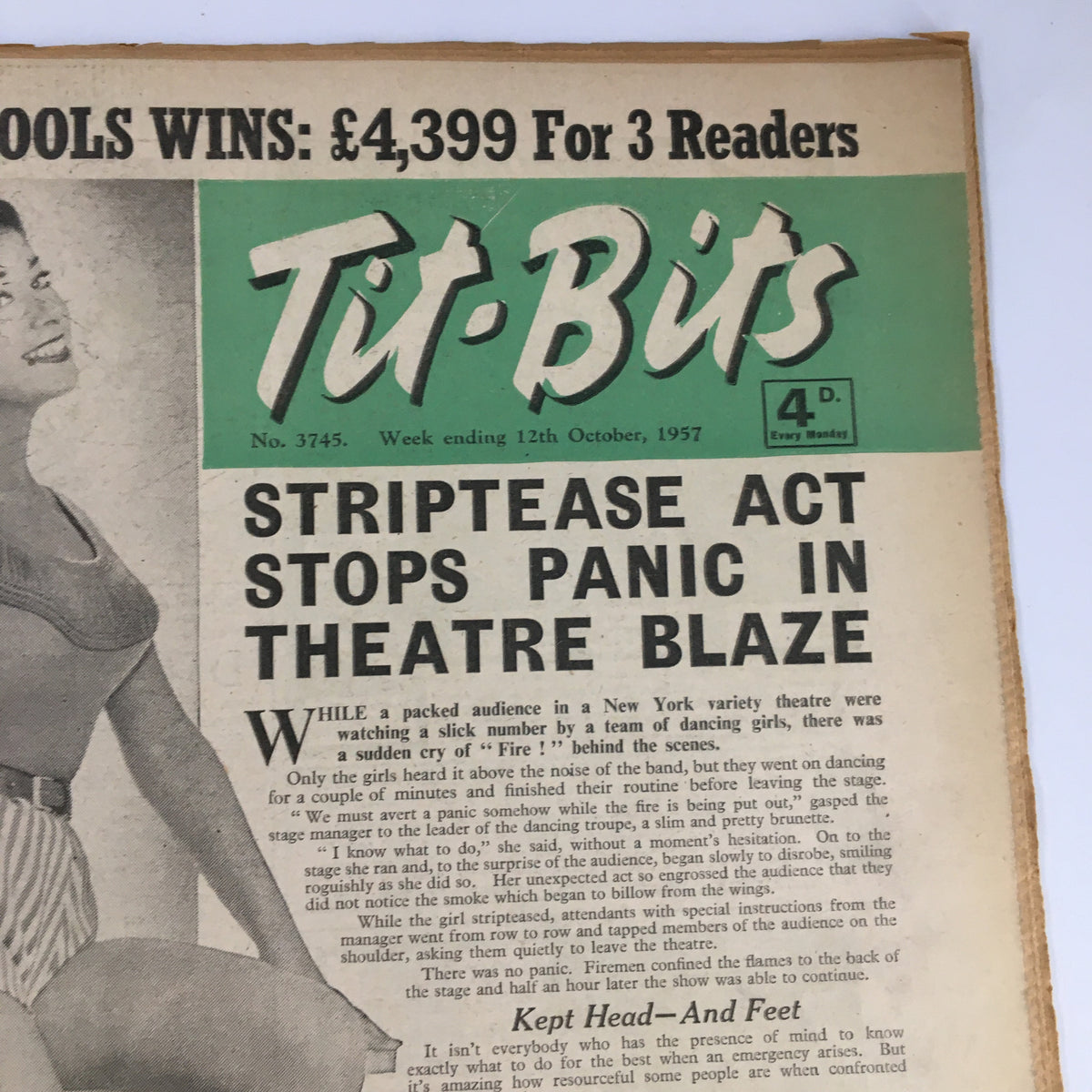 VTG Tit-Bits Magazine October 1957 showcasing Jackie Pepper on the front page, highlighting cultural insights and trends of the era, while featuring an article about a theatre fire incident.