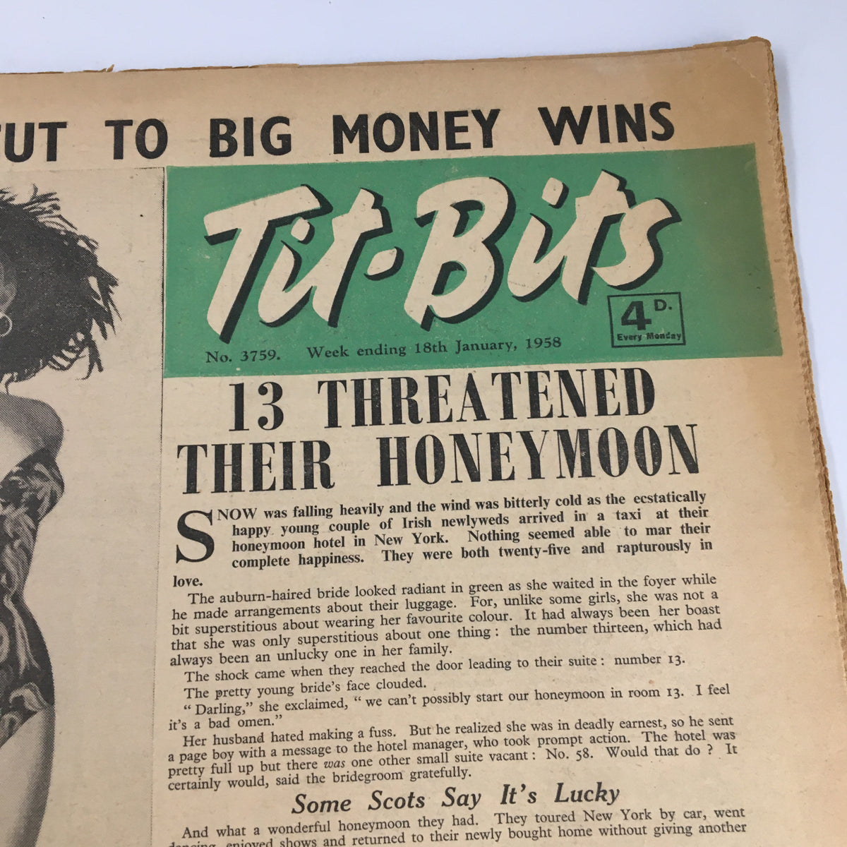Cover of VTG Tit-Bits Magazine January 1958 featuring headline about a honeymoon story, showcasing vintage typography and imagery typical of the 1950s.