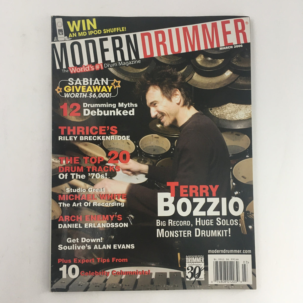 Cover of Modern Drummer Magazine March 2006 featuring Terry Bozzio, highlighting drum culture and notable articles on drumming myths, studio greats, and expert insights.