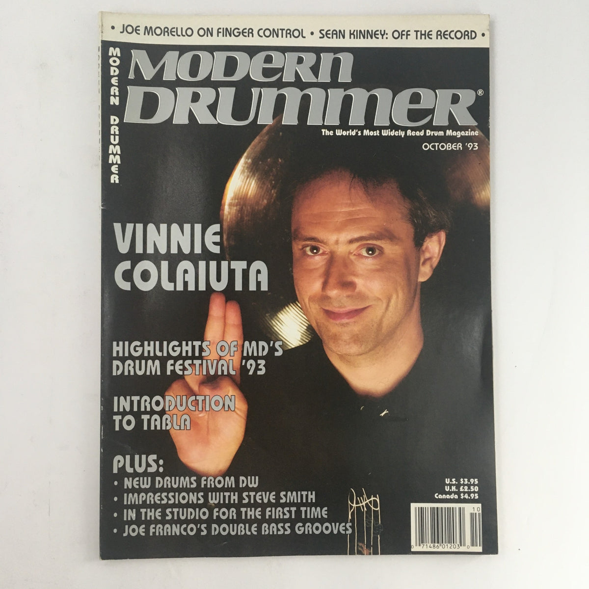 Cover of Modern Drummer Magazine from October 1993 featuring Vinnie Colaiuta. The cover highlights articles on the MD Drum Festival 1993, an introduction to tabla, and impressions with Steve Smith. The magazine represents a significant piece of music history.