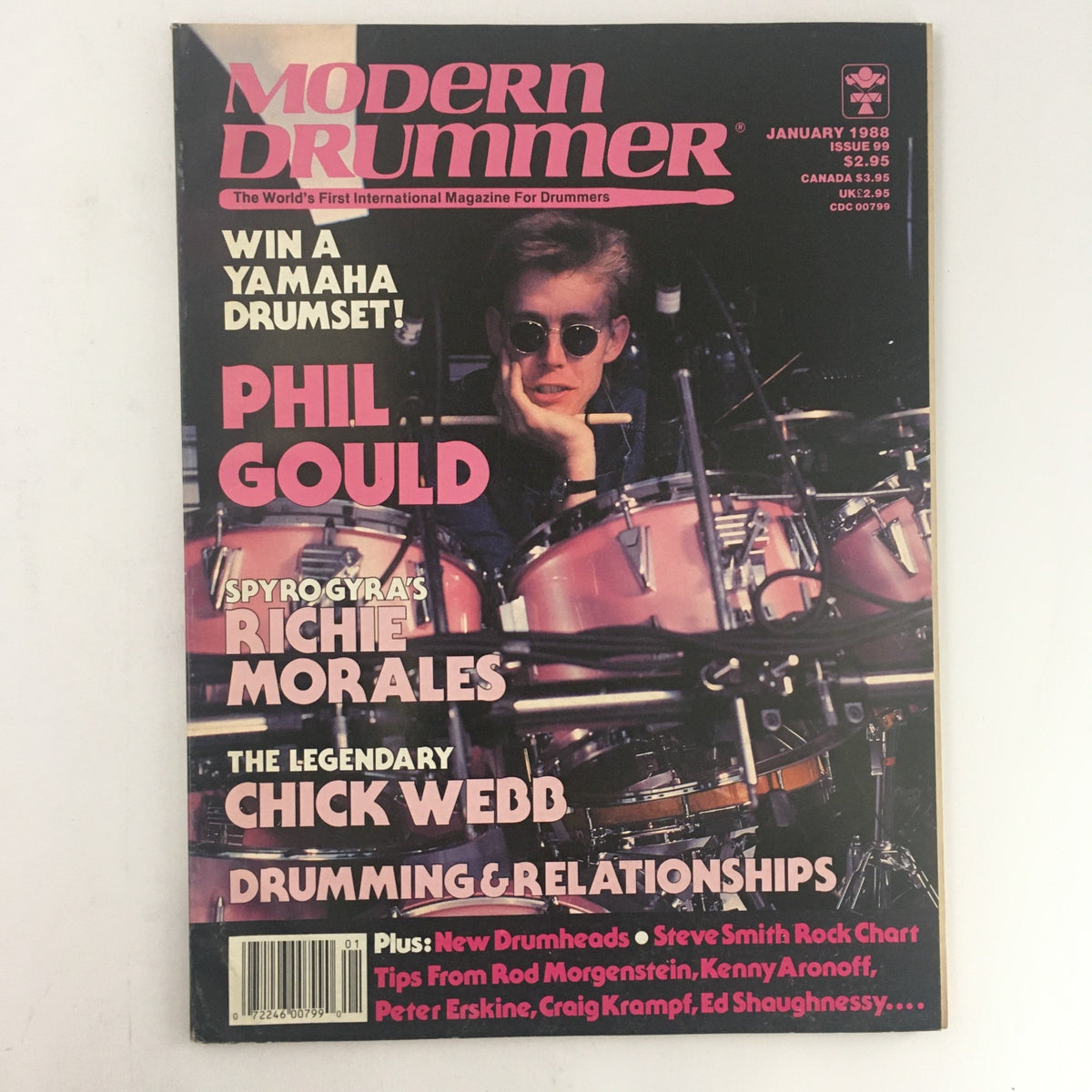 Cover of Modern Drummer Magazine January 1988 featuring Phil Gould, Richie Morales, and Chick Webb. The magazine highlights drumming culture with interviews and articles from prominent drummers, suitable for collectors and drumming enthusiasts.