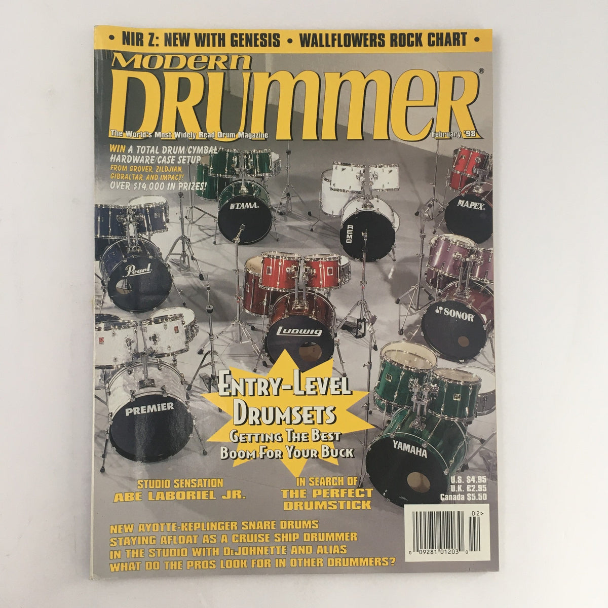Cover of Modern Drummer Magazine February 1998 featuring Abe Laboriel Jr. and Jack DeJohnette, showcasing various drum sets and discussing entry-level drum sets.