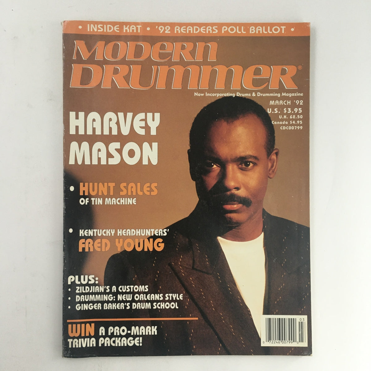 Cover of Modern Drummer Magazine March 1992 featuring Harvey Mason, Hunt Sales, and Fred Young, showcasing notable drummers and drumming culture.